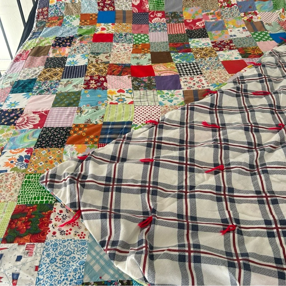 Vintage Handmade “Postage Stamp” Patchwork Quilt Multicolor Bedcover#0831256
